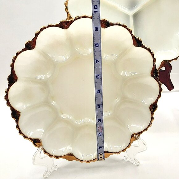 Anchor Hocking Milk Glass Divided Relish Tray And Deviled Egg Plate Gold Trim - Picture 8 of 10
